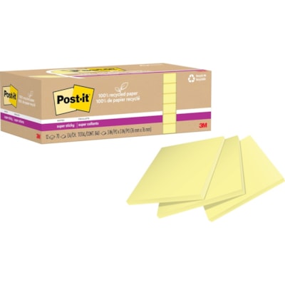 Post-it® - Notes super collantes recyclées - 70 - largeur de drapeau/note 3 po (76,20 mm) x longueur de drapeau/note 3 po (76,20 mm) - Carré - 70 Feuilles par bloc - Jaune canari - Adhésif - Recyclé - 12 / emballage 3 IN X 3 IN   CANARY 12 PADS/PACK  70 SHEETS/PAD