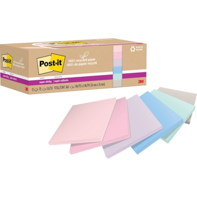Post-it® - Notes super collantes recyclées - 70 - largeur de drapeau/note 3 po (76,20 mm) x longueur de drapeau/note 3 po (76,20 mm) - Carré - 70 Feuilles par bloc - Adhésif - Recyclé - 12 / emballage 3 IN X 3 IN  WANDERLUST 12 PADS/PACK  70 SHEETS/PAD
