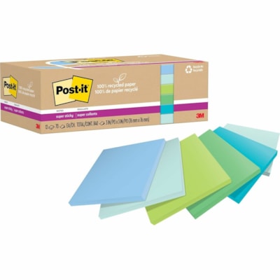 Post-it® - Notes super collantes recyclées - 70 - largeur de drapeau/note 3 po (76,20 mm) x longueur de drapeau/note 3 po (76,20 mm) - Carré - 70 Feuilles par bloc - Adhésif - Recyclé - 12 / emballage 3 IN X 3 IN  OASIS COLLECTION 12 PADS  70 SHEETS/PAD