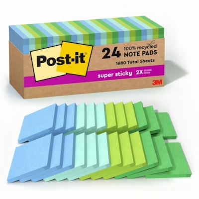 Post-it® - Notes super collantes recyclées - 70 - largeur de drapeau/note 3 po (76,20 mm) x longueur de drapeau/note 3 po (76,20 mm) - Carré - 70 Feuilles par bloc - Non ligné - Papier - Adhésif - Recyclé - 24 / emballage 3 IN X 3 IN  OASIS COLLECTIONS 24 PADS  70 SHEETS/PAD