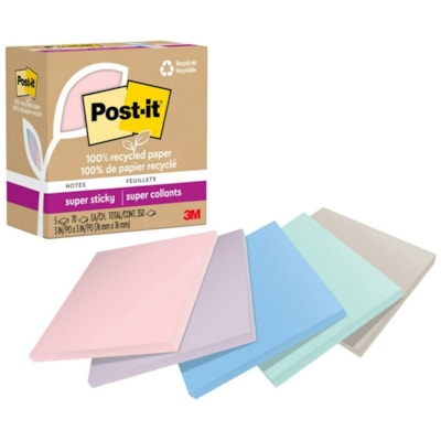 Post-it® - Notes super collantes recyclées - 70 - largeur de drapeau/note 3 po (76,20 mm) x longueur de drapeau/note 3 po (76,20 mm) - Carré - 70 Feuilles par bloc - Adhésif - Recyclé - 5 / emballage 3IN X 3IN  WANDERLUST 5 PADS  70 SHEETS/PAD
