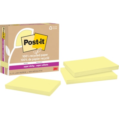 Post-it® - Notes super collantes recyclées - 90 - largeur de drapeau/note 3 po (76,20 mm) x longueur de drapeau/note 5 po (127 mm) - Rectangulaires - 90 Feuilles par bloc - Jaune canari - Adhésif - Recyclé - 12 / emballage 3 IN X 5 IN  CANARY 12 PADS/PACK  70 SHEETS/PAD