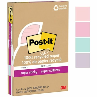 Post-it® - Feuillet adhésif Super Sticky - largeur de drapeau/note 4 po (101,60 mm) x longueur de drapeau/note 6 po (152,40 mm) - Rectangulaires - 45 Feuilles par bloc - Repositionnables - Recyclé - 4 / emballage 4 IN X 6 IN LINED  WANDERLUST  4 PADS/PACK  45 SHEETS/PAD