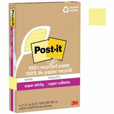 Post-it® - Feuillet adhésif Super Sticky - largeur de drapeau/note 4 po (101,60 mm) x longueur de drapeau/note 6 po (152,40 mm) - Rectangulaires - 45 Feuilles par bloc - Jaune canari - Repositionnables - Recyclé - 4 / emballage 4 IN X 6 IN LINED  CANARY 4 PADS/PACK  45 SHEETS/PAD