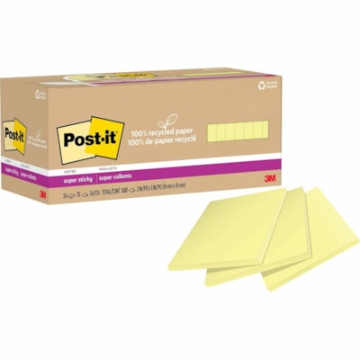Post-it® - Feuillet adhésif Super Sticky - largeur de drapeau/note 3 po (76,20 mm) x longueur de drapeau/note 3 po (76,20 mm) - Carré - 70 Feuilles par bloc - Jaune canari - Repositionnables - Recyclé - 24 / emballage 3 IN X 3 IN  CANARY 24 PADS/PACK  70 SHEETS/PAD