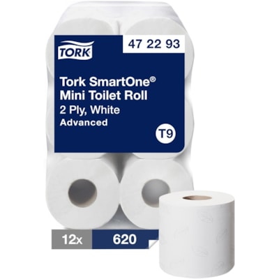 TORK SmartOne Mini Toilet Paper Roll White with Gray Leaf T9 - 2 Ply7.09" (180.01 mm) Length - 5.87" (149 mm) Roll Diameter - White, Gray - Virgin Pulp, Fiber - 620 / Pack PAPER 11.6MX13.4CM 2 PLY WHITE 