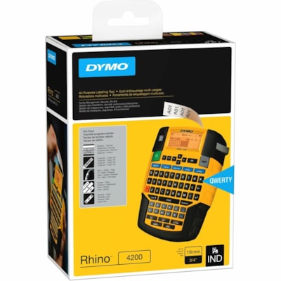 Dymo Rhino 4200 Label Maker - Thermal Transfer - 0.59 in/s (14.99 mm/s) Mono - Label, Tape - 0.24" (6 mm), 0.35" (9 mm), 0.47" (12 mm), 0.75" (19 mm) - LCD Screen - Battery - 6 Batteries Supported - AA - Alkaline - Black, Yellow - QWERTY, Barcode Printing, Hot Key - for Factory, Office, Home, Indust INDUSTRIAL LABELER 