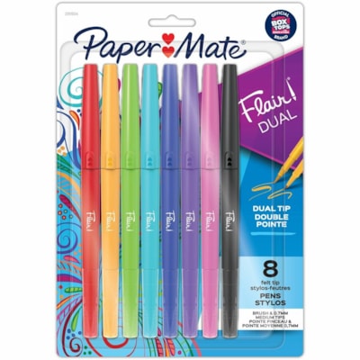 Paper Mate Flair DUAL Pens, Brush & Medium Tips (0.7mm) - 0.7 mm (0.03") Medium Pen Point - Assorted Ink - 8 / Pack FLAIR DUAL TIP 