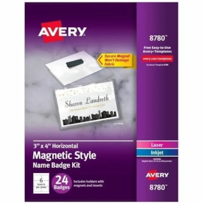 Avery® - Badges Pour imprimantes à laser ou jet d'encre, 4" x 3" - largeur de 4 po (101,60 mm) x hauteur de 3 po (76,20 mm) - Rectangulaire Forme - Magnétique, Réutilisable, Imprimable, Résistantes - Papier cartonné, Plastique PVC - Blanc - 24 / emballage LASER/JET D'ENCRE  3PO X 4PO 24 BADGES/BOX