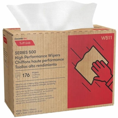 Cascades PRO High Performance Spunlace Wipers, Multifold Pop-up - 1 Ply - Multifold - White - Polypropylene, Fiber, Wood Pulp, Paper - 176 / Box TUFF-JOB S500 WHITE POP-UP BOX 9.25" X 12.5"