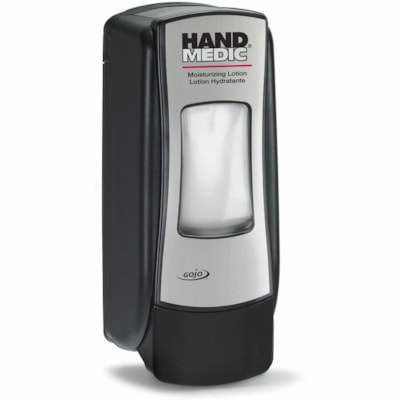 Distributeur de savon liquide HAND MEDIC Gojo® - Manuel - 700 mL Capacité - Bouton poussoir, Compacte, Site Window, Rechargeable, Fixation Murale, Durci - Noir, Chrome USES REFILL 8745-04 