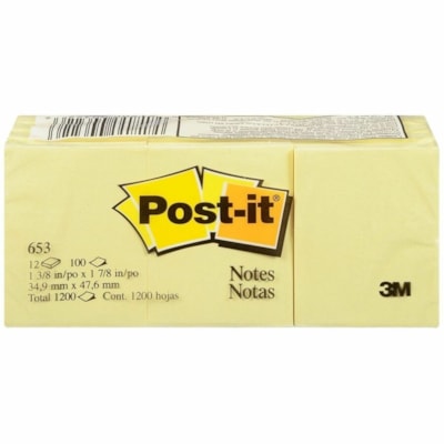 Post-it® Adhesive Note - 1 1/2" (38 mm) Flag/Note Width x 2 1/64" (51 mm) Flag/Note Length - Rectangle - 100 Sheets per Pad - Yellow - Indispensable, Removable - 12 / Pack REMOVABLE STICKS TO MOST SURFACES 100/PAD