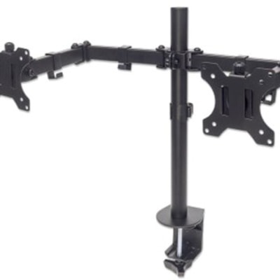Manhattan TV & Monitor Mount, Desk, Full Motion, 2 Screens, Screen Sizes: 10-27" , Black, Clamp Assembly, Dual Screen, VESA 75x75 to 100x100mm, Max 8kg (each), Lifetime Warranty - Holds Two 13" to 32" LCD Monitors up to 8 kg (17 lbs.), Black, packaging type: retail box or Mount with Double-Link Swin g Arms Holds Two 13i