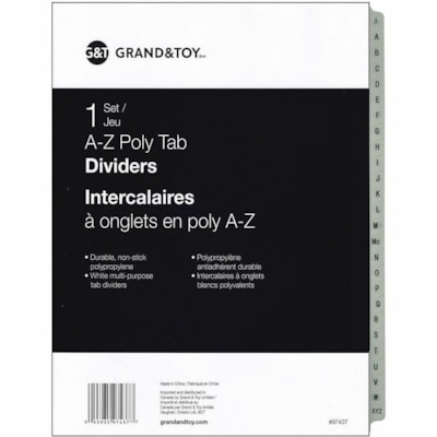 Grand & Toy - Intercalaires à onglets en poly Grand & Toy - 25 Onglet(s)/Ensemble - format lettre - format largeur de 8,50 po (215,90 mm) x longueur de 11 po (279,40 mm) - 3 TrouPerforé - Divider Blanc Polypropylène - Pré-imprimé, Résistants, Durable, Anti-adh BLANC 