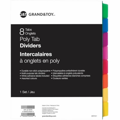 Grand & Toy Poly Tab Dividers, Multi-Coloured, Letter-Size, 8-Tabs/ST, 1-ST/PK - Blank Tab(s) - 8 Tab(s)/Set - Letter - 8.50" (215.90 mm) Width x 11" (279.40 mm) Length - 3 Hole Punched - Multicolor Polypropylene Divider - Multicolor Tab(s) - Durable, Long Lasting, Non-stick, Tear Resistant, Writabl  