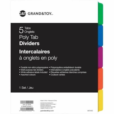 Grand & Toy - Intercalaires à onglets en poly multicolores, format lettre, jeu de 5, emb. de 1 - Vierge Onglet(s) - 5 Onglet(s)/Ensemble - format lettre - format largeur de 8,50 po (215,90 mm) x longueur de 11 po (279,40 mm) - 3 TrouPerforé - Divider Variées Polypropylène - 5 ONGLETS  MULTICOLORE 