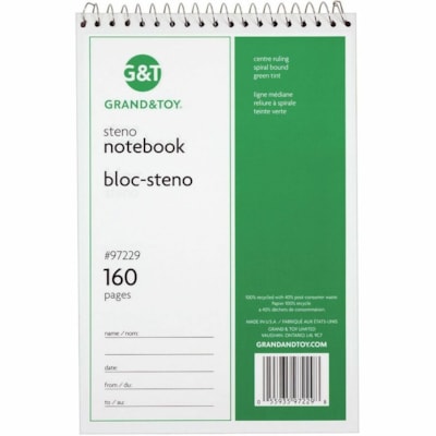 Grand & Toy - Cahier 97229 - 160 Pages - Reliure à spirales - Gregg règle Front Ruling - Margin Avec ligne - format 6 po (152,40 mm) x 9 po (228,60 mm) - Paper Vert - Recyclé - 1 6X9 160 PGS 