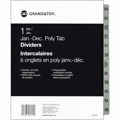 Grand & Toy - Intercalaires à onglets en poly Grand & Toy - 12 Imprimé Onglet(s) - Janvier-Décembre - 12 Onglet(s)/Ensemble - format lettre - format largeur de 8,50 po (215,90 mm) x longueur de 11 po (279,40 mm) - 3 TrouPerforé - Divider Blanc - Tab Polypropylène - P G&T BLANC 