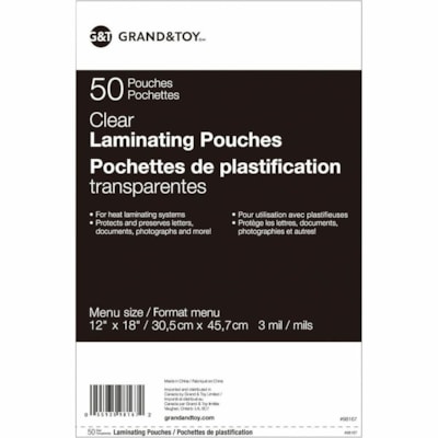 Grand & Toy Menu Size Thermal Laminating Pouches, 3 mil, Pack of 50 - Sheet Size Supported: Menu 18" (457.20 mm) Width x 12" (304.80 mm) Length - Laminating Pouch/Sheet Size: 3 mil (0.08 mm) Thickness - Glossy - for Document, Photo, Letter - Water Resistant, Tear Resistant - Clear - Polyethylene Ter MENU  12" X 18" HEAT SEALED  GLOSS