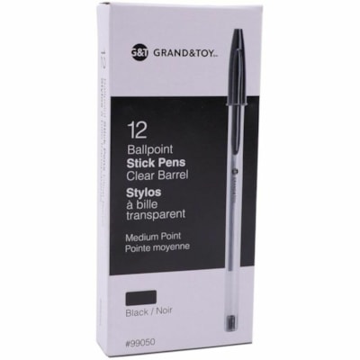 Grand & Toy Premium Ballpoint Pens, Black, Medium, Box of 12 - 0.7 mm (0.03") Medium Round Pen Point - Black Ink - Clear Barrel - 12 / Box PREMIUM TUNGSTEN CARBIDE BALL NON-CLOGGING INK NON-REFILLABL