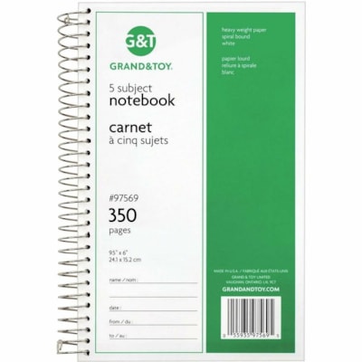 Grand & Toy 5-Subject Notebook - 5 Subject(s) - 350 Pages - Spiral Bound - 9 1/2" (241.30 mm) x 6" (152.40 mm) Sheet Size SIDE COIL 350 PAGES 