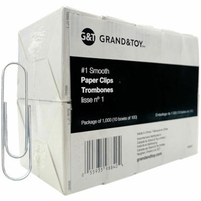 Grand & Toy Paper Clip - No. 1 - 1.18" (30 mm) Length - for Paper - Smooth, Corrosion Resistant - Silver - Galvanized Steel - 10/Box - 1000 / Pack  