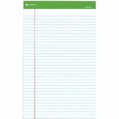 Grand & Toy Recycled Ruled Writing Pads, White, 8 1/2" x 11 3/4" , 6/PK - 50 Sheets - Ruled Margin - 8 1/2" (215.90 mm) x 11 3/4" (298.45 mm) Sheet Size - White Paper - Perforated, Durable, Sturdy - Recycled - 6 / Pack PERF WHITE WIDE  6/PK 
