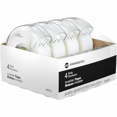 Grand & Toy Invisible Tape with Refillable Dispensers, 19 mm x 22.8 m (3/4" x 900"), 4/PK - 24.9 yd (22.8 m) Length x 0.75" (19 mm) Width - 1" (25.40 mm) Core - Matte - Clear - Dispenser Included - Handheld Dispenser - Tear Resistant, Split Resistant - For Office - 4 / Pack 0.75 INX74.9 FT (19MM X 22.8M) 
