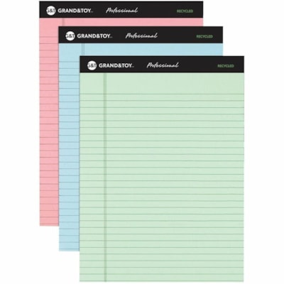 Grand & Toy - Blocs-notes professionnels recyclés couleurs variées, 8 1/5 po x 11 3/4 po, emb. - 50 Feuilles - Couture double - Margin Reglure large - 15 lb (6803,89 g) Poids de Base - format légal - format 8 1/2 po (215,90 mm) x 11 3/4 po (298,45 mm) - Paper Rose, Orchid&eacute PERF WIDE RULE  ASST  3/PK PINK  ORCHID AND BLUE