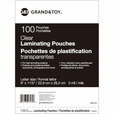Grand & Toy Letter Size Thermal Laminating Pouches, 3 mil, Pack of 100 - Sheet Size Supported: Letter 8.50" (215.90 mm) Width x 11" (279.40 mm) Length - Laminating Pouch/Sheet Size: 3 mil (0.08 mm) Thickness - Glossy - for Document, Photo, Letter - Water Resistant, Tear Resistant - Clear - Polyethyl LETTER  9" X 11 1/2" HEAT SEALED  GLOSS