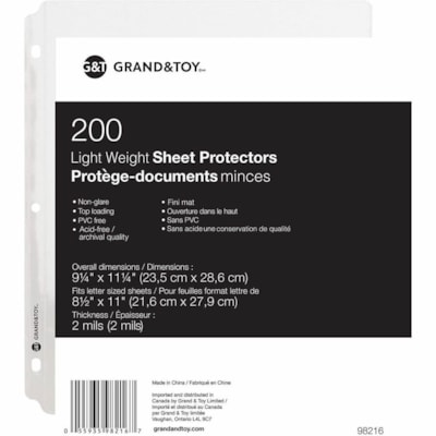 Grand & Toy - Pochette protectrice 98216 - largeur de 9,2 po (233,7 mm) x longueur de 11,2 po (284,5 mm) x épaisseur de 2 mil (0,05 mm) - Feuille, Document Capacité - Pour format lettre 8 po (203,20 mm) x 11 po (279,40 mm) Feuilles - 3 xsTrous - 3 Anneaux - Reliure à anneaux - Cha LIGHTWEIGHT  LETTER NON GLARE 3 HOLE PUNCHED  TOP LOAD