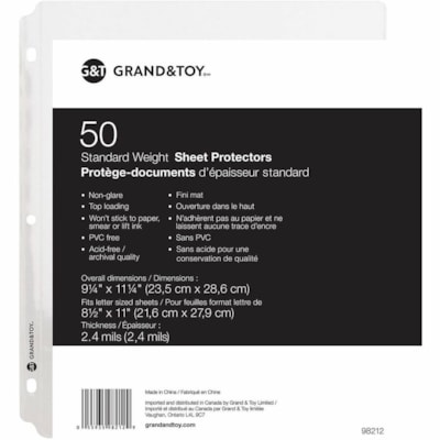 Grand & Toy - Protège-documents antireflets d'épaisseur standard format lettre, emb. de 50 - largeur de 9,2 po (233,7 mm) x longueur de 11,2 po (284,5 mm) x épaisseur de 2,4 mil (0,06 mm) - Feuille Capacité - Pour format lettre 8 po (203,20 mm) x 11 po (279,40 mm) Feuille STANDARD  LETTER  NON GLARE 3 HOLE PUNCHED  TOP LOAD