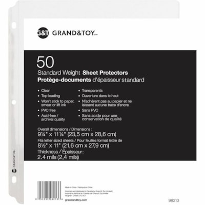 Grand & Toy - Protège-documents transparents d'épaisseur standard format lettre, emb. de 50 - largeur de 9,2 po (233,7 mm) x longueur de 11,2 po (284,5 mm) x épaisseur de 2,4 mil (0,06 mm) - Feuille Capacité - Pour format lettre 8 1/2 po (215,90 mm) x 11 po (279,40 mm) Fe STANDARD  LETTER  NON GLARE 3 HOLE PUNCHED  TOP LOAD