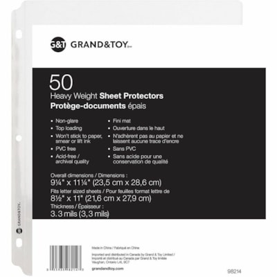 Grand & Toy - Protège-documents épais transparents Grand & Toy, format lettre, emb. de 50 - largeur de 9,2 po (233,7 mm) x longueur de 11,2 po (284,5 mm) x épaisseur de 3,3 mil (0,08 mm) - Feuille, Document Capacité - Pour format lettre 8 1/2 po (215,90 mm) x 11 po (279,4 HEAVYWEIGHT  LETTER  CLEAR 3 HOLE PUNCHED  TOP LOAD