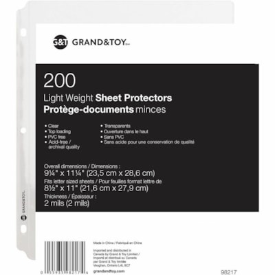 Grand & Toy - Pochette protectrice 98217 - largeur de 9,2 po (233,7 mm) x longueur de 11,2 po (284,5 mm) x épaisseur de 2 mil (0,05 mm) - Feuille, Document Capacité - Pour format lettre 8 1/2 po (215,90 mm) x 11 po (279,40 mm) Feuilles - 3 xsTrous - 3 Anneaux - Reliure à anneaux - LIGHTWEIGHT  LETTER  CLEAR 3 HOLE PUNCHED  TOP LOAD
