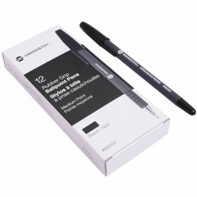 Grand & Toy Rubber Grip Ballpoint Stick Pens, Black, Medium, 12/Box - Medium Round Pen Point - Black Ink - Black Barrel - 12 / Box RUBBERIZED BARREL USES 97324 REFILL ROUNDEDGE