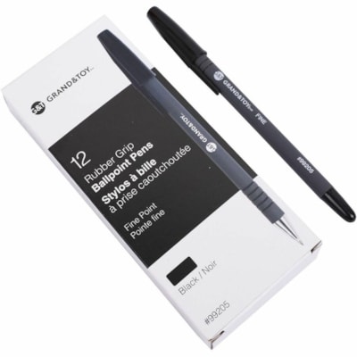 Grand & Toy Rubber Grip Ballpoint Stick Pens, Black, Fine, 12/Box - Fine Round Pen Point - Black Ink - Black Barrel - 12 / Box RUBBERIZED BARREL USES 97824 REFILL ROUNDEDGE
