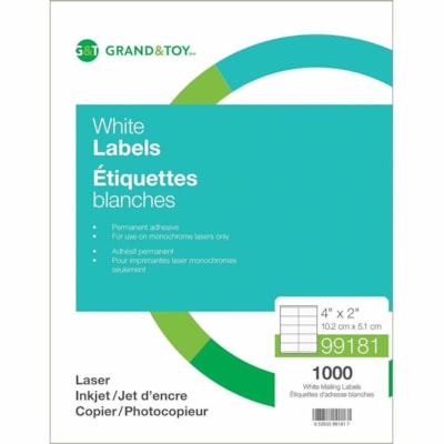 Grand & Toy Mailing Laser Labels, White, 4" x 2" , 10 Labels/Sheet, 100 Sheets per Box - 4" Height x 2" Width - Permanent Adhesive - Laser - White - 10 / Sheet - 100 Total Sheets - 1000 Total Label(s) - Permanent Adhesive - 100 10/SHEET 100 SHEETS/BX 