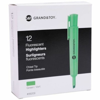 Grand & Toy Fluorescent Highlighters, Fluorescent Green, Chisel Tip, Box of 12 - Chisel Marker Point - Fluorescent Green Ink - Fluorescent Green Barrel - 12 / Box USE ON FAX NCR PHOTOCOPY & REGULAR PAPER NON TOXIC W/CLIP