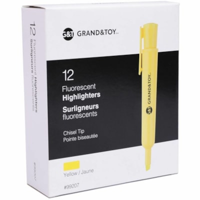 Grand & Toy Fluorescent Highlighters, Fluorescent Yellow, Chisel Tip, 12/BX - Chisel Marker Point - Fluorescent Yellow Ink - Fluorescent Yellow Barrel - 12 / Box USE ON FAX/NCR/PHOTOCOPY & REGULAR PAPER NON TOXIC W/CLIP