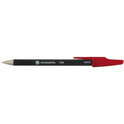 Grand & Toy Rubber Grip Ballpoint Stick Pens, Red, Fine, 12/Box - Fine Round Pen Point - Red Ink - Black Barrel - 12 / Box RUBBERIZED BARREL 