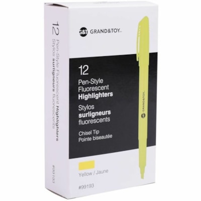 Grand & Toy Pen-Style Fluorescent Highlighters, Fluorescent Yellow, Chisel Tip, 12/BX - Fine Chisel Marker Point - Fluorescent Yellow Ink - Fluorescent Yellow Barrel - 12 / Box WEDGE TIP 3MM SMEAR PROOF INK ROUNDEDGE