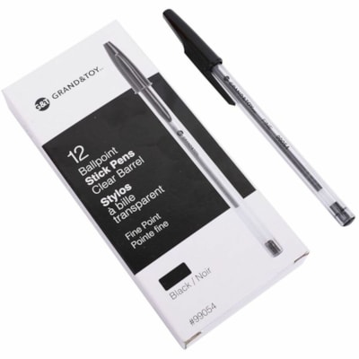 Grand & Toy Premium Ballpoint Pens, Black, Fine, 12/Box - Fine Round Pen Point - Black Ink - Black Barrel - 12 / Box PREMIUM TUNGSTEN CARBIDE BALL NON-CLOGGING INK NON-REFILLABL