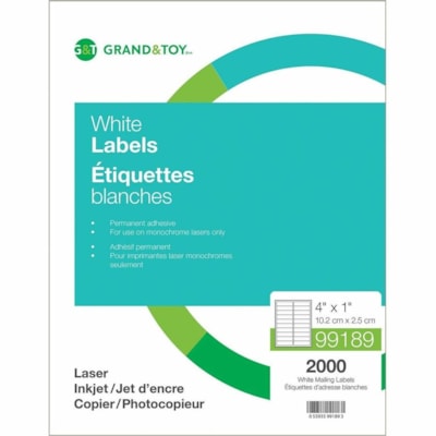 Grand & Toy Mailing Laser Labels, White, 4" x 1" , 20 Labels/Sheet, 100 Sheets per Box - 4" (101.60 mm) Height x 1" (25.40 mm) Width - Permanent Adhesive - Laser - White - Permanent Adhesive - 20 / Sheet - 100 Total Sheets - 2000 Total Label(s) - 100 20/SHEET 100 SHEETS/BX 