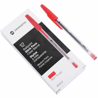 Grand & Toy Premium Ballpoint Pens, Red, Medium, 12/Box - Medium Round Pen Point - Red Ink - Clear Barrel - 12 / Box PREMIUM TUNGSTEN CARBIDE BALL NON-CLOGGING INK NON-REFILLABL