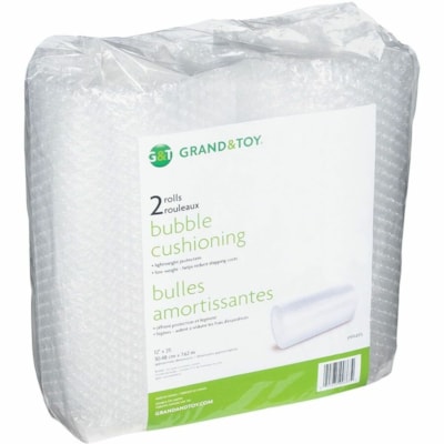 Grand & Toy Bubble Wrap Cushioning, Low Weight, 12" x 25'/Roll, 2 Rolls/PK - 25 ft (7620 mm) Length - Cushioned, Damage Resistant, Lightweight, Flexible - Polyethylene - Clear - 2 / Pack 2 ROLLS 