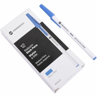 Grand & Toy Premium Ballpoint Stick Pens, Blue, Medium, 12 Each/BX - Medium Round Pen Point - Blue Ink - White Barrel - 12 / Box WHITE ROUND BARREL DISPOSABLE 