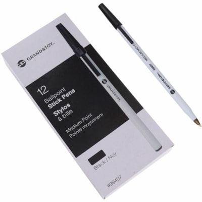 Grand & Toy Premium Ballpoint Stick Pens, Black, Medium, 12 Each/BX - Medium Round Pen Point - Black Ink - White Barrel - 12 / Box ROUND WHITE BARREL DISPOSABLE 