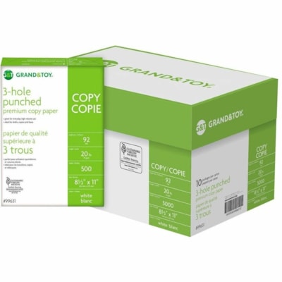 Grand & Toy Premium Copy & Multipurpose Paper - 92 Brightness - Letter - 8 1/2" (215.90 mm) x 11" (279.40 mm) - 20 lb (9071.85 g) Basis Weight - Sustainable Forestry Initiative (SFI) - Pre-punched, Anti-static, Acid-free, Chlorine-free - White - 500 Sheets - 500 Sheets per Ream - 500 / Pack 20LB STOCK ACID FREE LASER COMPATIBLE ANTI STATIC 500/PK
