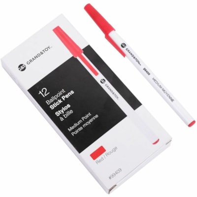 Grand & Toy Premium Ballpoint Stick Pens, Red, Medium, 12 Each/BX - Medium Round Pen Point - Red Ink - White Barrel - 12 / Box WHITE ROUND BARREL DISPOSABLE 